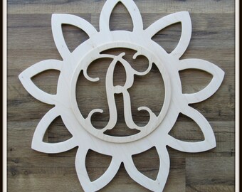 Sunflower Sun Door Hanger with Monogram Letter - Unpainted Wood - 22" size - Kitchen - Bedroom - Family - Wooden Letter - Wall Hanging - Sun