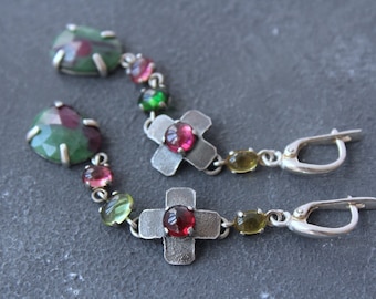 Midsummer - Pink Yellow Green Stone Sterling Silver Earrings with Tourmaline, Chrome Diopside, Peridot, Garnet, Ruby in Zoisite Cabochons