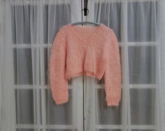 70s Pink Mohair Sweater - Furry Bubblegum Roller-Rink V-Neck Eyelash Sweater - Fuzzy Clueless Sweater Pastel Goth