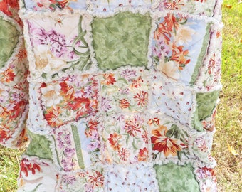 Floral Rag Quilt - Lap Quilt - Modern Rag Quilt - Green, Blue, Orange, Purple - Cottage Chic Rag Quilt - Mother's Day - Gift for Her