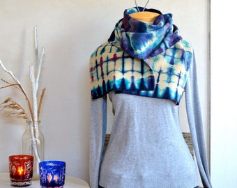 Hand Dyed Scarf Modern Tie Dye Purple Bright Blue & Cream Light Wool Shibori Style