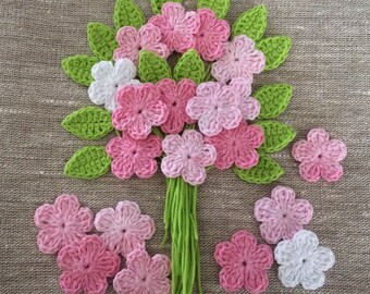 Crochet flowers and Leaves - Pink batik - Soft Cotton - Size 3cm