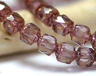 Light Amethyst Bronze 6x6mm Faceted Cathedral Czech Glass Beads x 25