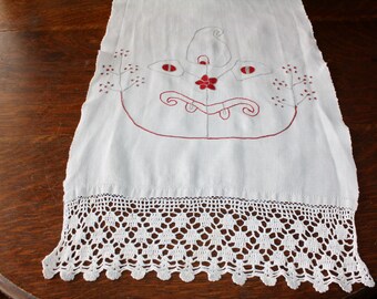 Linen Table Runner Arts and Crafts Mission Era Embroidered 16 x 80
