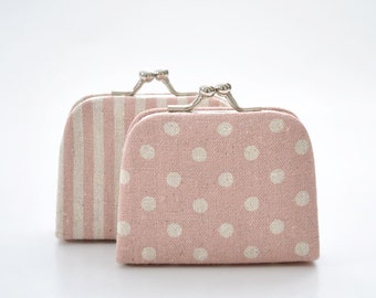 DOT - STRIPE - PINK Linen Cotton - Choose the Pattern - Tiny Kiss lock Coin Purse/Jewelry holder