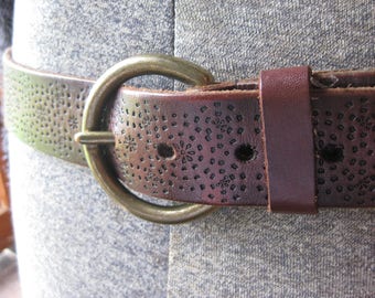 Tooled leather belt with Brass Buckle