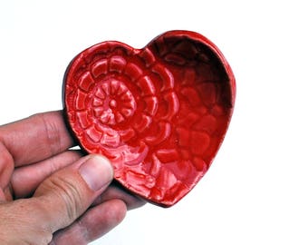 Red Heart Ring Dish - Coffee Spoon Rest - Ceramic, Pottery, Handmade- Jewelry Dish, Bridesmaid Gift, Tea Bag Rest, Gifts for Her, Under 10