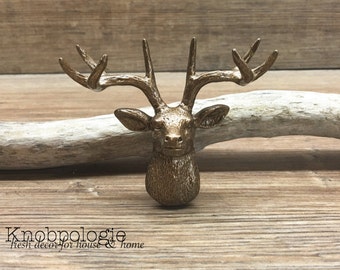 Antique Brass Stag Antler Deer Head Metal Knob - Antler Drawer Pull Nature Buck Doe Forest Theme - Hunter Mancave Nursery
