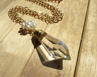 Vintage Gold Wire Wrapped Icicle Crystal Necklace // Large Crystal Prism Necklace // Rhinestone and Pearl Necklace