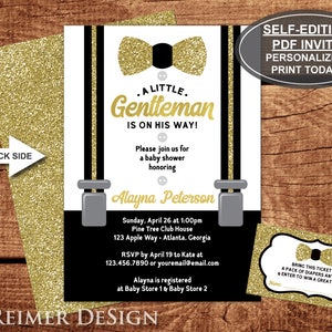 Little Gentleman Baby Shower Invitation, Little Man, Bow Tie, Suspenders, Black, Gold Glitter, Self-Editing PDF Invite, BONUS Diaper Tickets