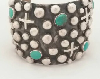 Chimney Butte Signed Navajo Sterling Silver and Turquoise Cuff Style Bracelet ~ Native American Valentine's Natural Bohemian Statement