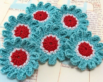 Crochet Flower Appliques in Aqua Red White