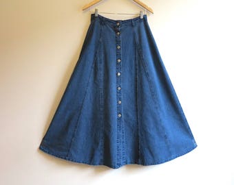 Blue Skirt Denim Skirt Buttons Down Skirt Maxi Denim Skirt Long Jeans Skirt Full Gathered Skirt Medium Size