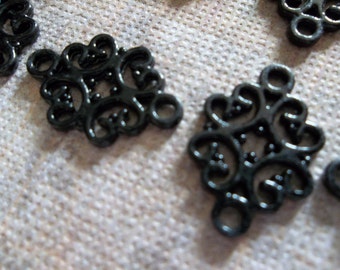 Small Black Scroll Connectors or Charms - Jet Black Metal with 2 Loops - 13 x 19mm - 10 pieces