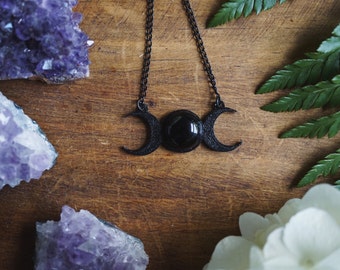 Triple Moon Goddess and Black Agate Stone Necklace - Moon Choker -The Stone Maidens