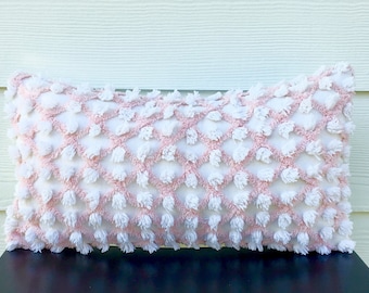 BABY PINK LATTICE vintage chenille pillow cover, cottage chic cushion cover, shabby pillow case, pink pillow sham, textured pillow