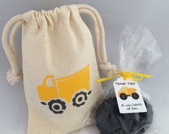 Filled Construction Favor Bags: Dump Truck Design with Tire Soap Favor, Construction Goody Bag, Treat Bag