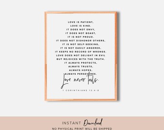 Bible Verse Wall Art, Printable Wall Art, Scripture wall art, 1 Corinthians 13, Love is patient, love is kind, Love never fails