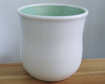 Utensil Crock, Kitchen Storage, Ceramic Utensil Holder, Hand Thrown Stoneware Pottery Utensil Caddy in White and Mint Green, Chef Gift