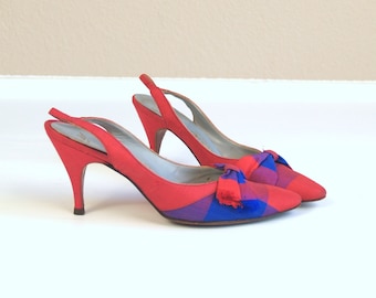 Sale vtg 50s red and blue PLAID bows PINUP HEELS pumps 6 or 6.5 kitten bombshell