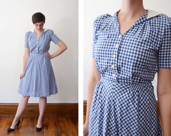 blue white check dress