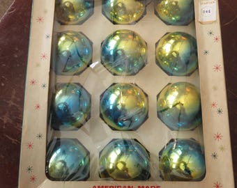 Vintage Box of 12 Shiny Brite Blue Gold Glass Christmas Ornaments