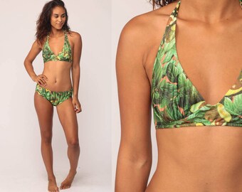70s Bikini Bathing Suit AVOCADO PRINT Two Piece Swimsuit Fruit 60s Swim HALTER Neck Boho Vintage Retro Boyshort Pin Up 1970s Extra Small xs