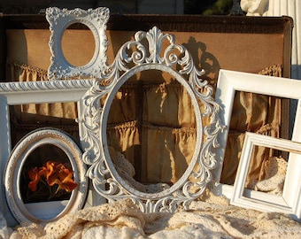 Set Of 6 Distressed Shabby chic Frames, Rustic, Frame Set, Antique White And Gold Wall Decor