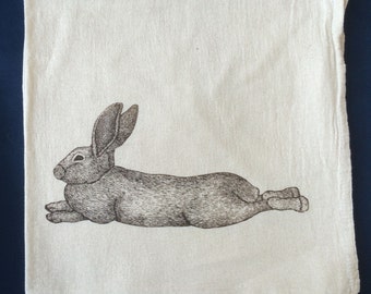 Tea Towel, Screen Printed Flour Sack Towel, lounging bunny rabbit, handmade, eco-friendly, kitchen towel, dish towel