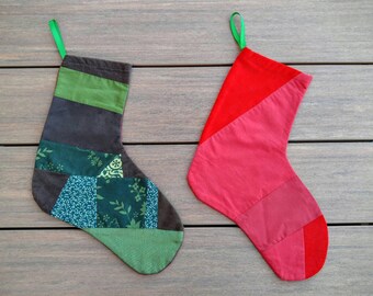 Red or Green Patchwork Stocking to hang over Mantel for Christmas or Holiday Season