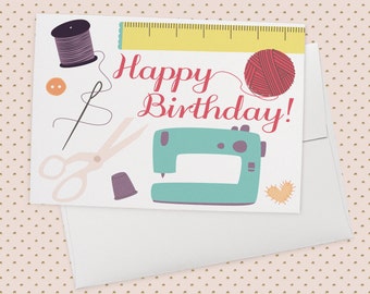 Sew Happy | Greeting Card for birthdays + crafty ladies ft. sewing, knitting, needle and thread, scissors, thimble