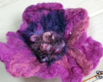 Needle felted beaded purple flower corsage/brooch
