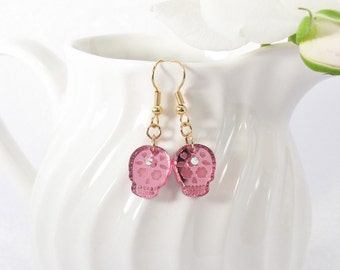 Pink Mirror Acrylic Etched Sugar Skull Drop Earring with Swarovski Crystal