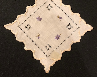 Linen Doily with Silk Embroidered Violets