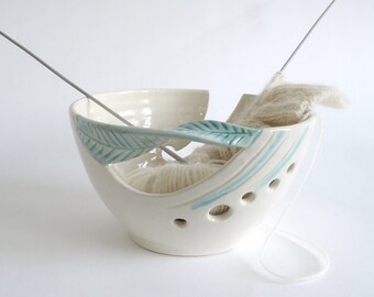 Yarn bowl, Knitting yarn bowl blueroompottery Personalized gift Custom Crochet Ceramic bowls White organizer green leaf handle MADE TO ORDER
