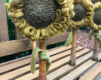 Primitive Hooked Rug Sunflower Make Do on Old Wooden Bobbin