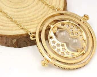 Miniature sand Time Turner Inspired Hermione Harry Potter Deathly Hollows Gold Plated Necklace Chain Gryffindor Sand Charm Spinner handmade