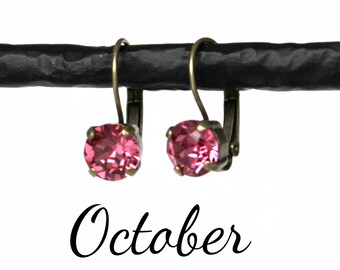 October Birthstone Drop Earrings - 8mm Rose Pink Swarovski Crystal Earrings