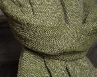 Pure 100% linen shawl Moss green shawl herringbone pattern