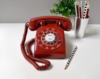 Rotary phone; red rotary phone; working rotary telephone; red retro phone; rotary dial desk phone