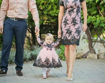 Mother daughter matching dresses, Mommy and me black and pink lace dresses matching outfits, Tight knee length lace dress Pink Tutu dress