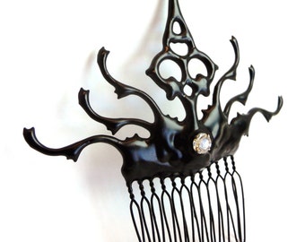 Carnival Hair Comb Gothic hair ornament made with Clock hands black with crystal perfect for that chic vampire bride- She lurks