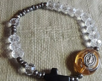 Clear crystal short rosary with Benedictine medal