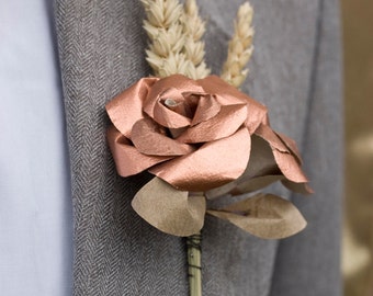 Copper and Wheat Buttonhole / Paper Boutonniere / Mens Buttonholes / Metallic Rose Gold Paper Flower Buttonholes / Rustic Wedding / UK