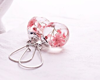 Real flower earrings Pink flower glass globe drop earrings Terrarium Botanical Nature earring Real flower jewelry gift for her
