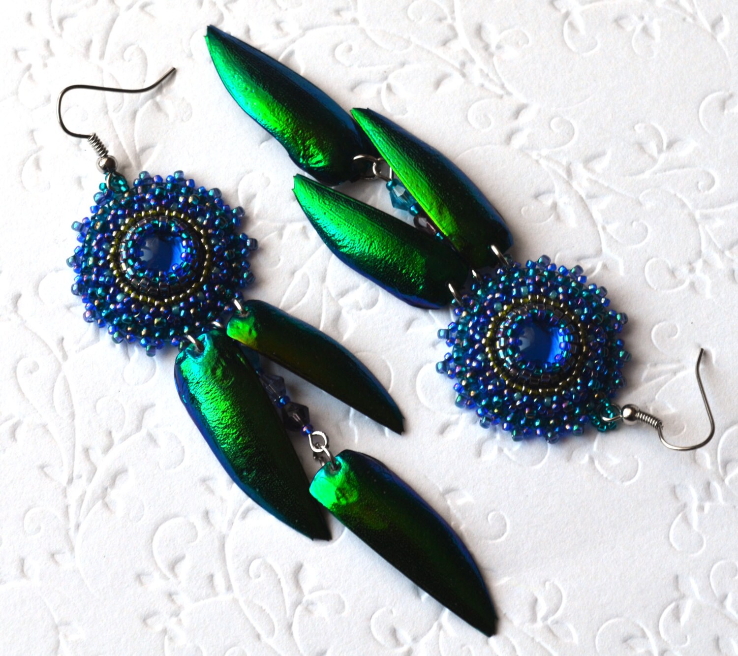 Bead embroidery long earrings blue embroidery beading