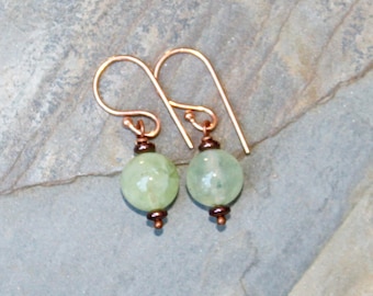 Prehnite Earrings, Natural Stone Earrings, Light Green Earrings, Copper Earrings, Handmade Earrings, Gemstone Earrings, Everyday Earrings