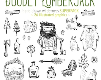Cute Hand Drawn Lumberjack Doodles, Cute Lumberjack Illustrations, Lumberjack Clipart Doodles, Cute Lumberjack Digital Stamps Commercial Use