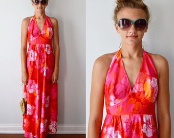 Vintage Halter Dress, Wika of Hawaii Ltd, 1960s Halter Dress, Maxi Dress, Cotton Halter Dress, Summer Dress, Vintage Dress