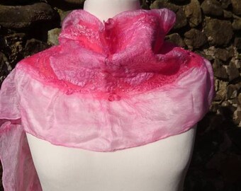 Handmade, hand dyed Nuno felt scarf, made with merino wool and silk, wrap, shawl. Summer scarf. Pink. Wedding.